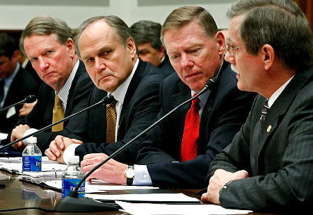 (L-R) Chairman and CEO of General Motors Richard Wagoner, Chairman and CEO of Chrysler LLC Robert Nardelli and President and CEO of the Ford Motor Company Alan Mulally 