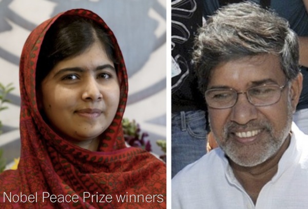 Malala Yousafzai, left, the Pakistani teenage advocate for female education, and children's rights activist Kailash Satyarthi, right, of India, are the co-winners of the 2014 Nobel Peace Prize.  Andrew Gombert / Martial Trezzin/European Pressphoto Agency