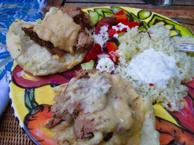 lamb on pita, rice, tzatziki and hummus 